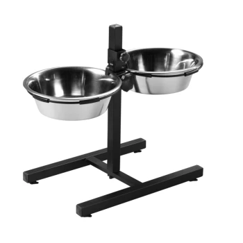 RVS dubbele voer- en waterbakstandaard voor huisdieren met verstelbare hoogte en een zwart metalen frame.