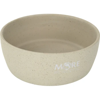 Keramiknapf beige 700ml Eine beige Haustierschüssel mit einer gesprenkelten Textur, mit dem eingeprägten Text "MORE FOR CATS & DOGS" an der Seite.