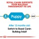 Royal Canin graphic promoting Bulldog food, stating "Supports your Bulldog throughout its life," with age recommendations for Puppy and Adult.