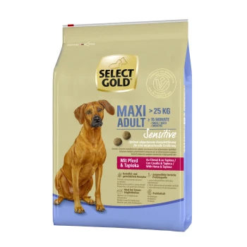Sensitive Adult Maxi Konina i tapioka 4 kg Worek karmy dla psów Select Gold Maxi Adult, odpowiedni dla psów powyżej 25 kg, z wrażliwą formułą zawierającą koninę i tapiokę.
