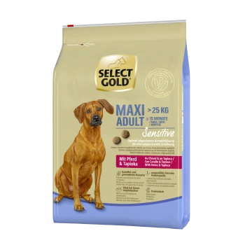 Select Gold Maxi Adult hondenvoer zak, geschikt voor honden boven de 25 kg, met een gevoelige formule met paard en tapioca.