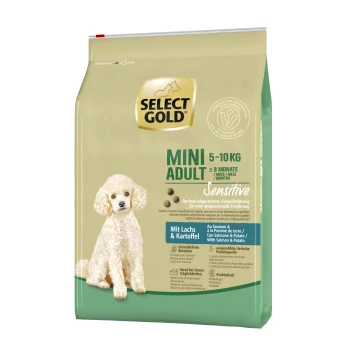 Sensitive Mini Adult Lachs & Kartoffel 4 kg Gold Mini Adult Hundefutterbeutel (5-10 kg) für Hunde über 8 Monate, beschriftet mit "Sensibel," mit Lachs, Kartoffel und einem Bild eines weißen Puddels.