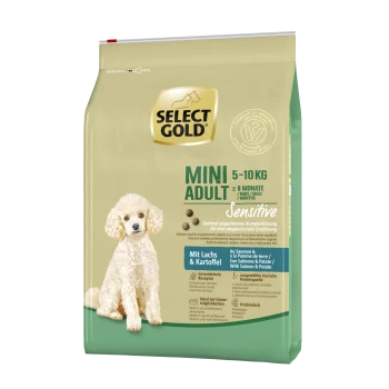 Gold Mini Adult Hundefutterbeutel (5-10 kg) für Hunde über 8 Monate, beschriftet mit "Sensibel," mit Lachs, Kartoffel und einem Bild eines weißen Puddels.