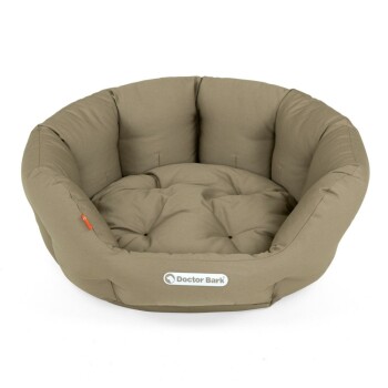 Ein wendbares Tierbett von Doctor Bark, mit einem plüschigen, gesteppten Design in Beige und Braun, ideal für den Komfort von Haustieren.