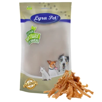 Lyra Pet Hundeleckerlipackung mit einem beigen Beutel mit dem Logo "Lyra Nature Power", Bildern eines Hundes, einer Katze und eines Welpen, mit getrockneten Fleischstreifen davor.