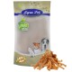 Lyra Pet Hundeleckerlipackung mit einem beigen Beutel mit dem Logo "Lyra Nature Power", Bildern eines Hundes, einer Katze und eines Welpen, mit getrockneten Fleischstreifen davor.