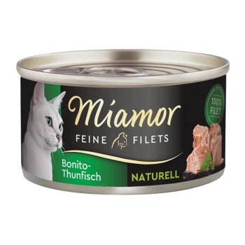 Feine Filets Naturelle Bonito-Thunfisch 24x80 g Miamor Katzenfutterdose mit feinen Filets von Bonito-Thunfisch, mit einem Bild einer weißen Katze, beschriftet mit '100% Filet' und 'Naturell.'