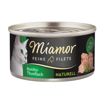 Miamor Katzenfutterdose mit feinen Filets von Bonito-Thunfisch, mit einem Bild einer weißen Katze, beschriftet mit '100% Filet' und 'Naturell.'