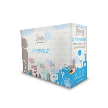 Nassfutter Katze Adult, Quetschie 12x125 g Mixpaket 2 Probepackung für Katzenfutter von Mjamjam, mit verschiedenen Geschmacksrichtungen und einem verspielten Design mit einer Katzensilhouette und bunten Etiketten.
