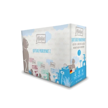 Probepackung für Katzenfutter von Mjamjam, mit verschiedenen Geschmacksrichtungen und einem verspielten Design mit einer Katzensilhouette und bunten Etiketten.