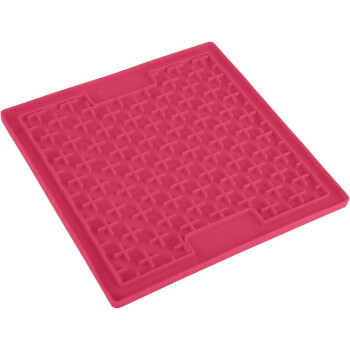 Helle rosa Silikon-Lickmatte für Haustiere mit einer strukturierten Oberfläche, entworfen, um Haustiere während der Mahlzeiten oder Leckereien zu beschäftigen.