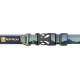 Eine Nahaufnahme eines blau-gelb gemusterten Hundehalsbands von Ruffwear, mit einer stabilen Schnalle und einem Logo-Patch.