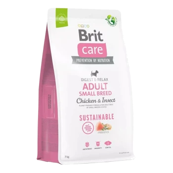 Brit Care Adult Small Breed Hundefutter, 7 kg Beutel, mit Huhn und Insektenzutaten, als nachhaltig mit Probiotika gekennzeichnet.