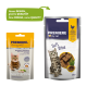 Dwa opakowania przysmaków "Premiere I Love My Cat Soft Bites", z tabby i rudy kot, podkreślające nowy design i tę samą jakość.