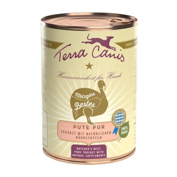 Fleisch PUR 6x400g Dosen-Hundefutter von Terra Canis, beschriftet "Butcher's Best: Pure Turkey with Natural Supplements", mit einer Truthahn-Grafik und deutschem Text.