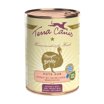 Dosen-Hundefutter von Terra Canis, beschriftet "Butcher's Best: Pure Turkey with Natural Supplements", mit einer Truthahn-Grafik und deutschem Text.