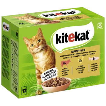 Grüne Kitekat Katzenfutterbox mit einer orangefarbenen Tabbykatze, beschriftet mit "MARKT-MIX," 12 Beuteln mit Rind, Huhn und Lachs. "Natürliche Vitalität 100% Komplett."