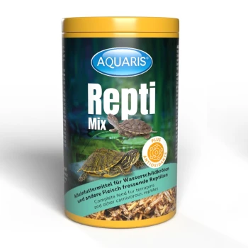 AQUARIS Repti Mix Behälter für Land- und Wasserturtles, mit Bildern von Schildkröten und Insekten, mit den Etiketten "ANTI" und "PLUS 3".