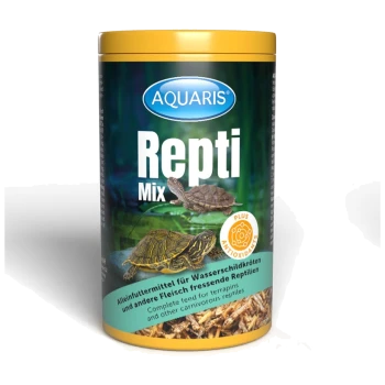 AQUARIS Repti Mix Behälter für Land- und Wasserturtles, mit Bildern von Schildkröten und Insekten, mit den Etiketten "ANTI" und "PLUS 3".