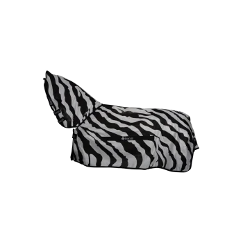 Zebra-gestreifte Haustierdecke mit einer Kapuze, mit dem Markennamen 'buccas' an der Seite.