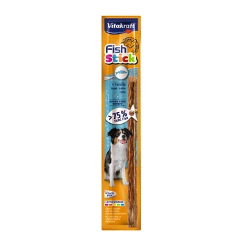 Vitakraft Fischstangen für Hunde, mit einem lächelnden Hund auf der Verpackung, mit Text, der "75% reiner Fisch" und "zuckerfreies Rezept" hervorhebt.