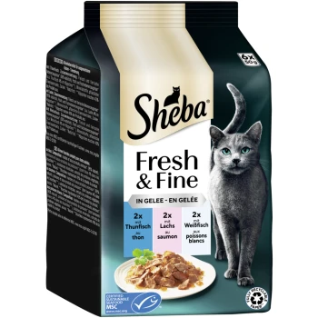 Sheba Fresh & Fine Katzenfutterverpackung mit einem Teller mit Nassfutter in Gelee, mit Geschmacksrichtungen: Thunfisch, Lachs und Weißfisch.