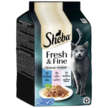 Sheba Fresh & Fine Katzenfutterverpackung mit einem Teller mit Nassfutter in Gelee, mit Geschmacksrichtungen: Thunfisch, Lachs und Weißfisch.