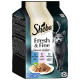 Sheba Fresh & Fine Katzenfutterverpackung mit einem Teller mit Nassfutter in Gelee, mit Geschmacksrichtungen: Thunfisch, Lachs und Weißfisch.