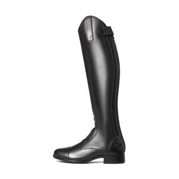 Schwarze Reitstiefel mit einem eleganten Design, ausgestattet mit einem seitlichen Reißverschluss und dekorativer Schnürung auf der Vorderseite.