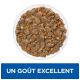 Nourriture humide pour animaux dans un bol blanc, avec des morceaux de viande et de légumes, avec le texte "UN GOÛT EXCELLENT" en lettres blanches en gras sur un fond bleu.