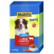 Hundefutterverpackung mit einem lächelnden Australian Shepherd, beschriftet mit "MultiFit Ragout Adult mit Rind & Karotten" mit einer Schüssel Futter.
