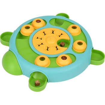 A colorful interactive pet puzzle toy shaped like a turtle, featuring yellow and green compartments for hiding treats.
