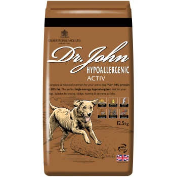 Hyppoallergen Aktiv Trockenfutter Reich an Huhn und Reis 12,5 kg Braune Tüte Dr. John Hypoallergenic Activ Hundefutter, mit einer Illustration eines rennenden Hundes, mit 30% Protein und 20% Fett.
