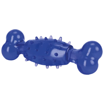 Blaues Gummihundespielzeug in Form eines Knochens, mit strukturierten Stacheln zum Kauen und Spielen.