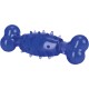 Blue rubber dog toy shaped like a bone, featuring textured spikes for chewing and play.