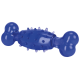 Blue rubber dog toy shaped like a bone, featuring textured spikes for chewing and play.