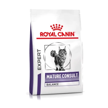 Royal Canin Mature Consult Katzenfutterbeutel, mit einer grauen getigerten Katze, beschriftet mit 'EXPERT MATURE CONSULT BALANCE.'