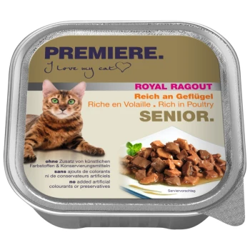 Verpackung für Katzenfutter mit einer Bengal-Katze, gekennzeichnet mit 'Premiere Royal Ragout', reich an Geflügel für Senioren, ohne künstliche Zusatzstoffe.