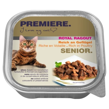 Verpackung für Katzenfutter mit einer Bengal-Katze, gekennzeichnet mit 'Premiere Royal Ragout', reich an Geflügel für Senioren, ohne künstliche Zusatzstoffe.