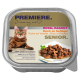 Verpackung für Katzenfutter mit einer Bengal-Katze, gekennzeichnet mit 'Premiere Royal Ragout', reich an Geflügel für Senioren, ohne künstliche Zusatzstoffe.