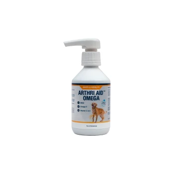 Arthri Aid Omega 500ml White pump bottle labeled 'ARTHRI AID OMEGA' joints & mobility for dogs; MSM, Omega‑3, Vitamins C & E, dog image