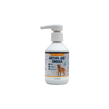White pump bottle labeled 'ARTHRI AID OMEGA' joints & mobility for dogs; MSM, Omega‑3, Vitamins C & E, dog image
