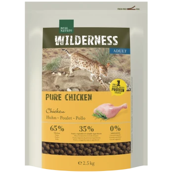 Real Nature WILDERNESS Trockenfutter für erwachsene Katzen, 'Pure Chicken' Aufschrift, Wildkatzenabbildung, 65%/35%/0%, 2,5 kg.