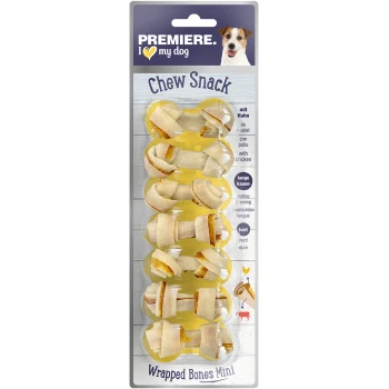 Chew Snack Wrapped Bones Mini for dogs, featuring chicken flavor. Packaging highlights lasting chewability and hard texture.