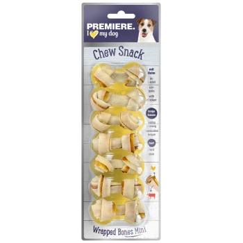 Kau-Snack eingewickelte Knochen Mini für Hunde, mit Hähnchen-Geschmack. Die Verpackung hebt die langanhaltende Kaubarkeit und die harte Textur hervor.