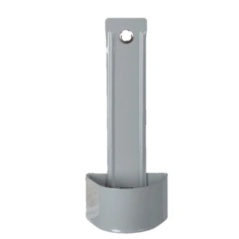 Grijze metalen huisdier voederlepel met een ronde bodem en een gat om op te hangen, ontworpen voor gemakkelijk voeren.