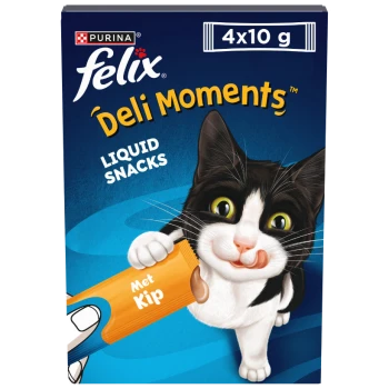 Purina Felix Deli Moments vloeibare kattensnacks, 4x10g, met een zwart-witte kat die zijn lippen likt.