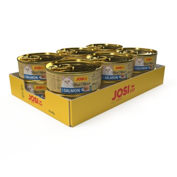 Tablett mit 12 Dosen JosiCat Finest Mousse Katzenfutter mit Lachs-Geschmack, je 85 g, mit weißer Katze auf dem Etikett.