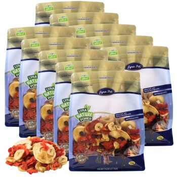Acht Beutel Lyra Pet Nature Power natürliches Haustierfutter mit getrocknetem Obst und Gemüse, je 1 kg.