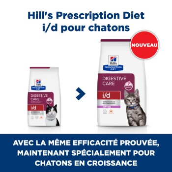 Sacs de nourriture pour chatons Hill’s Prescription Diet i/d Digestive Care avec étiquette « Nouveau », texte en français.